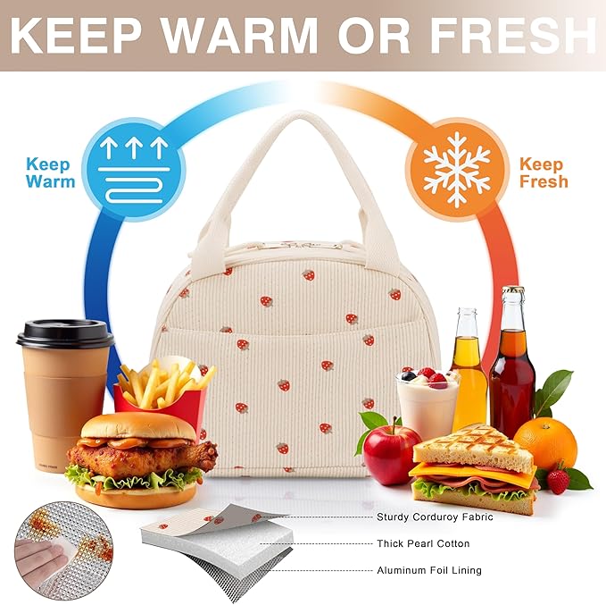 Lunch Bag - Insulated Lunch Box for Women, Reusable Large Capacity Cooler Bag for Adult, Small Leakproof Cute Corduroy Lunch Tote for Work Office Travel Picnic (Corduroy Strawberry)