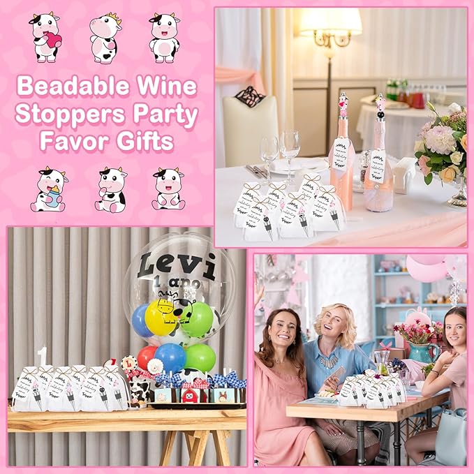 Gisafai 36 Set Cow Beadable Wine Stoppers Thank You Wedding Favors for Guests Decorative Beaded Wine Bottle Stopper with Cow Beads Organza Bag Tag for Wedding Cow Party Favor Baby Shower Gifts