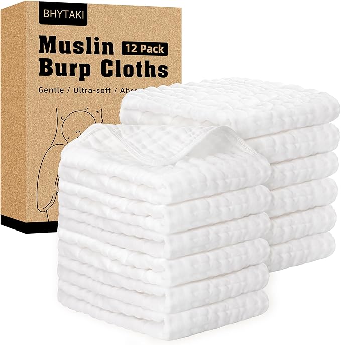 BHYTAKI 12-Pack Muslin Burp Cloths for Baby Boys & Girls, 20"X10" Essentials Large 100% Cotton Burp Rags, 6 Layers Extra Absorbent and Soft burping Cloths for Babies (White)