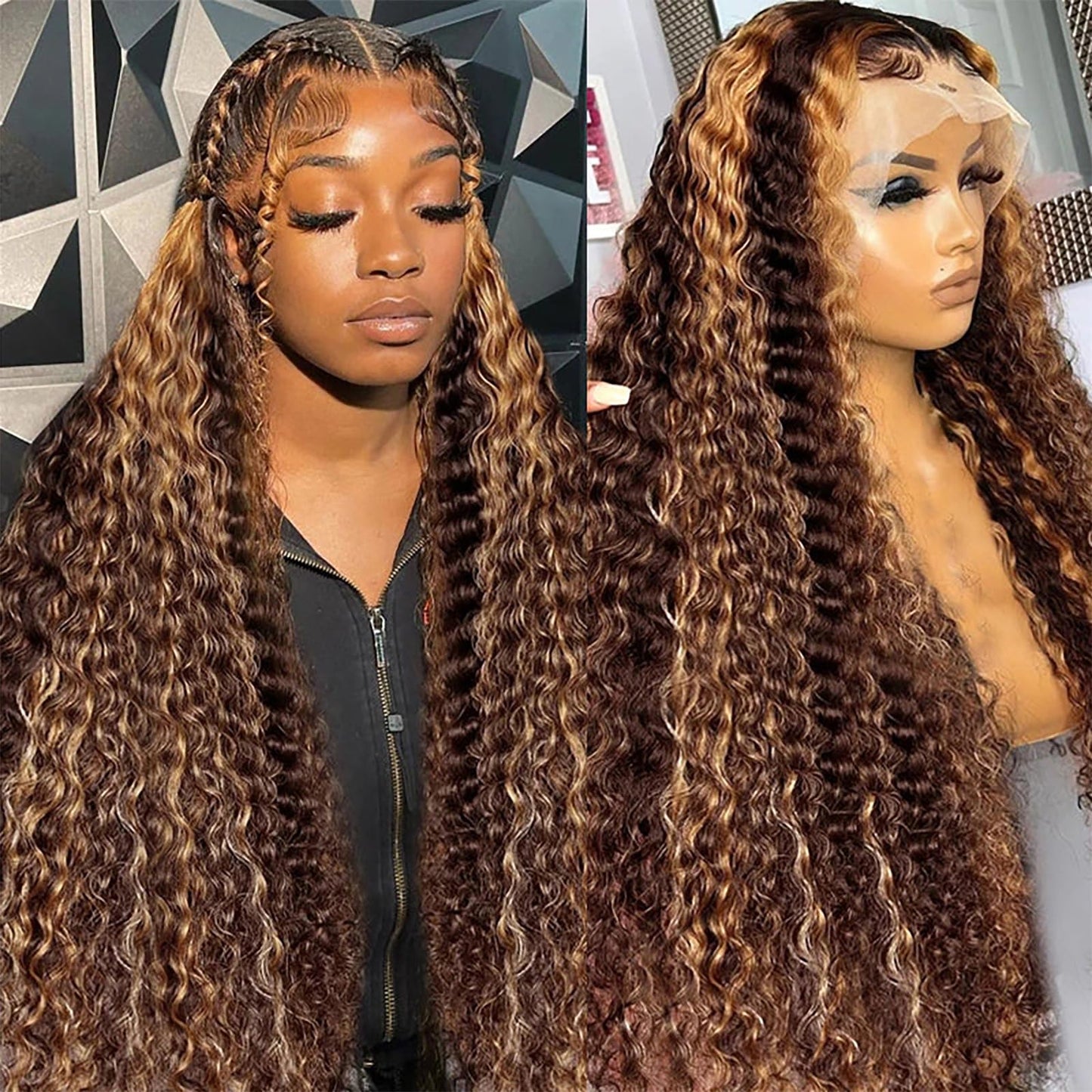 26 Inch Highlight Ombre Lace Front Wig Human Hair 13x6 HD Honey Blonde 4/27 Deep Wave Lace Front Wigs Human Hair 180% Density Co