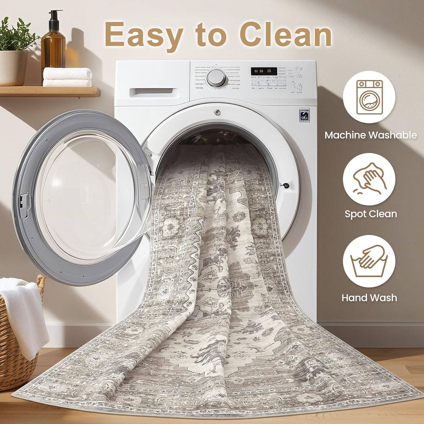 Washable Area Rugs for Living Room - 7x9 Neutral Vintage Distressed Floral Farmhouse Boho Large Soft Floor Rug Indoor Non Slip Carpet for Living Room Bedroom Dining Room Office -Brown/Beige