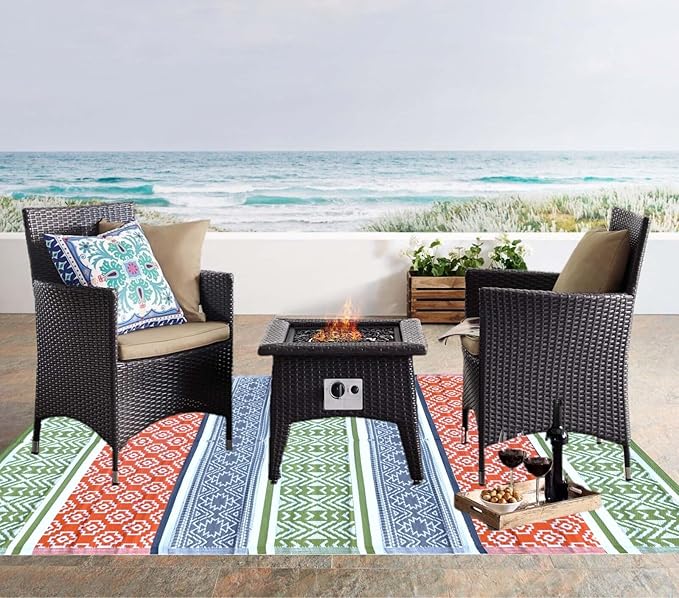 BalajeesUSA Outdoor Decor Patio Rugs – 6x9, Green, Orange Waterproof Affordable Multipurpose Woven Plastic Straw All-Weather Waterproof Rug Reversible Camper mat Awning