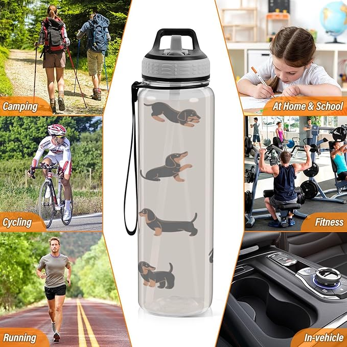 Kigai Cute Dachshund Dogs Clear Water Bottle with Straw Lid, BPA-Free Leakproof Sport Water Bottle 32oz Large Gym Water Jug for Men Women Travel Fitness Outdoor