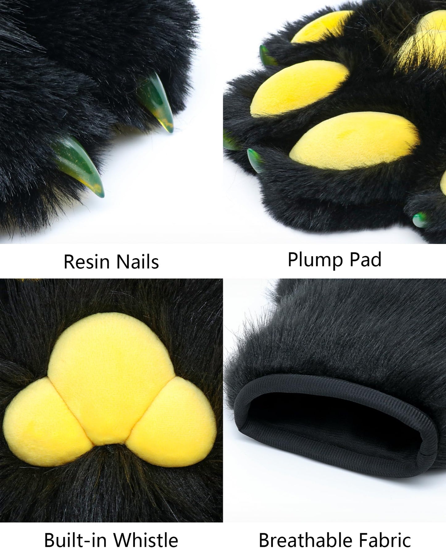 BNLIDES Cosplay Fursuit Paw Gloves Furry Claw Gloves Built-in Whistle Decompression Toys Costume Party Accessories for Adult (Black-Yellow)