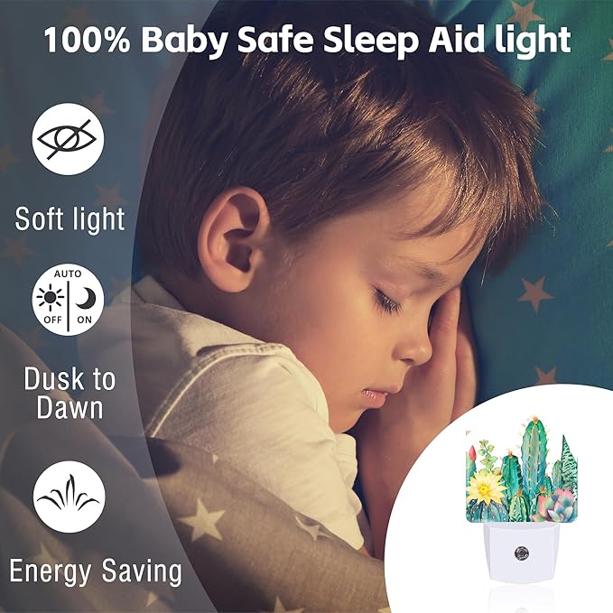 Cactus and Succulents Night Light Plug into Wall, Watercolor Botanical Floral Dusk to Dawn Night Light Plug in,0.5w Energy Saving Sleep Friendly NightLight for Kids Boys Girls Home Decor