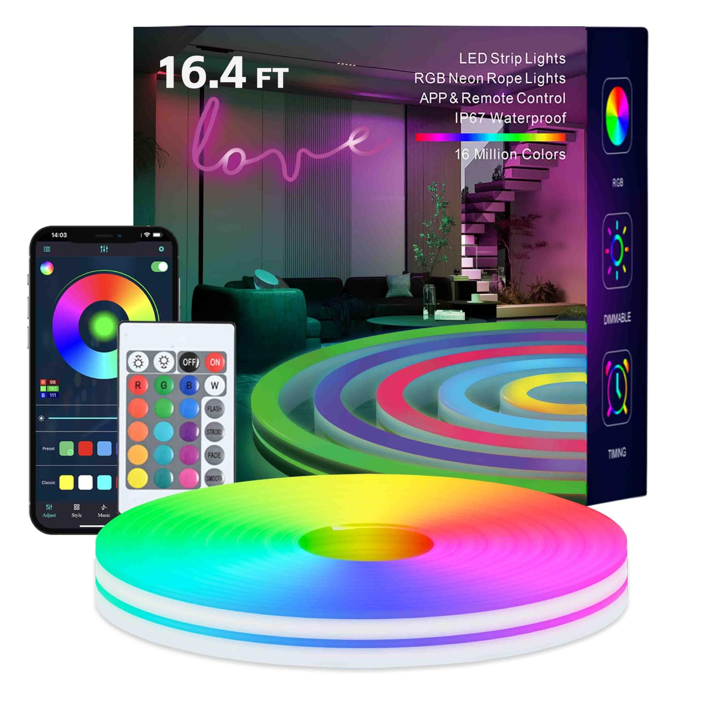 MFWW RGB LED Strip Lights, 33FT, Multicolor, App Control, IP67 Waterproof, Music Sync, Model TongYan612NHRGB01