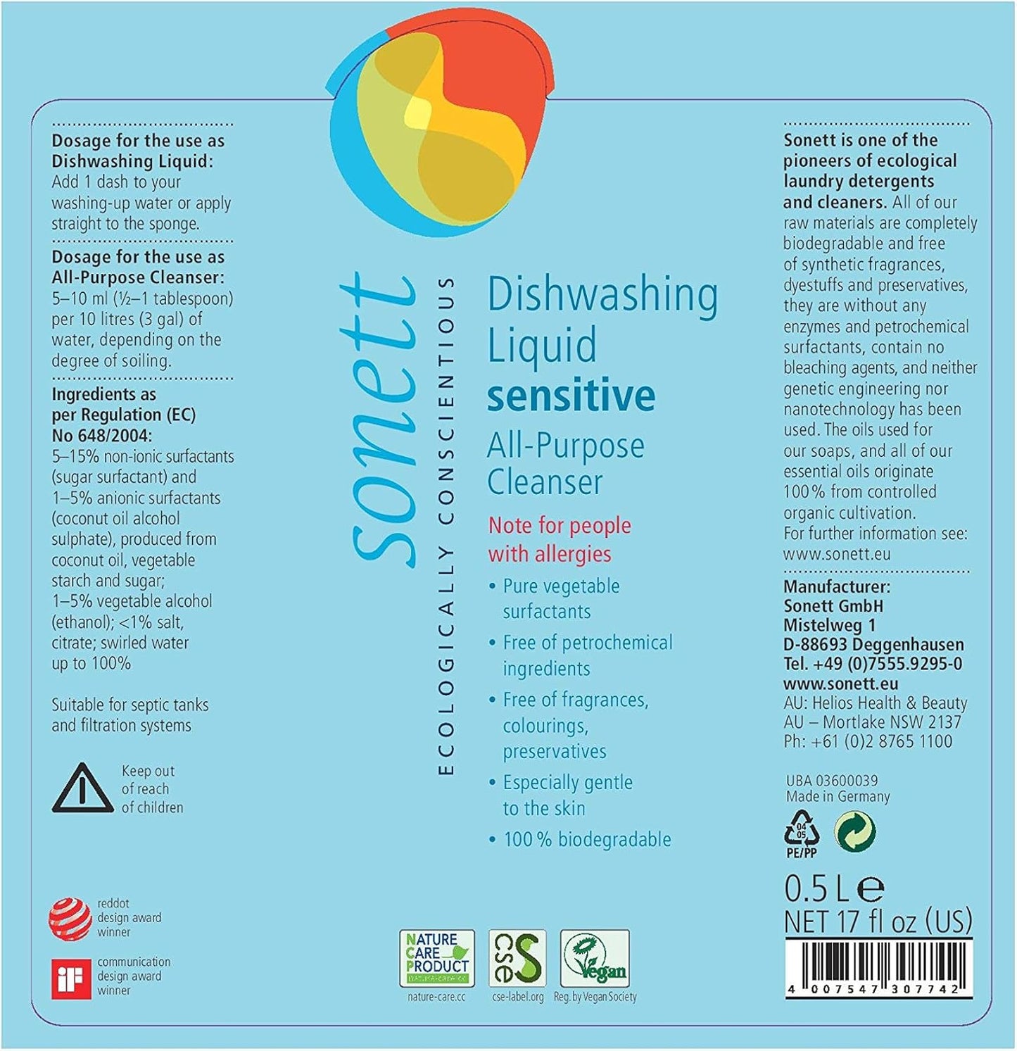 Sonett Organic Dishwashing Liquid, All Purpose Cleaner Sensitive Skin For People With Allergies (17 Fl.Oz (1 Count)) Certified Organically Grown