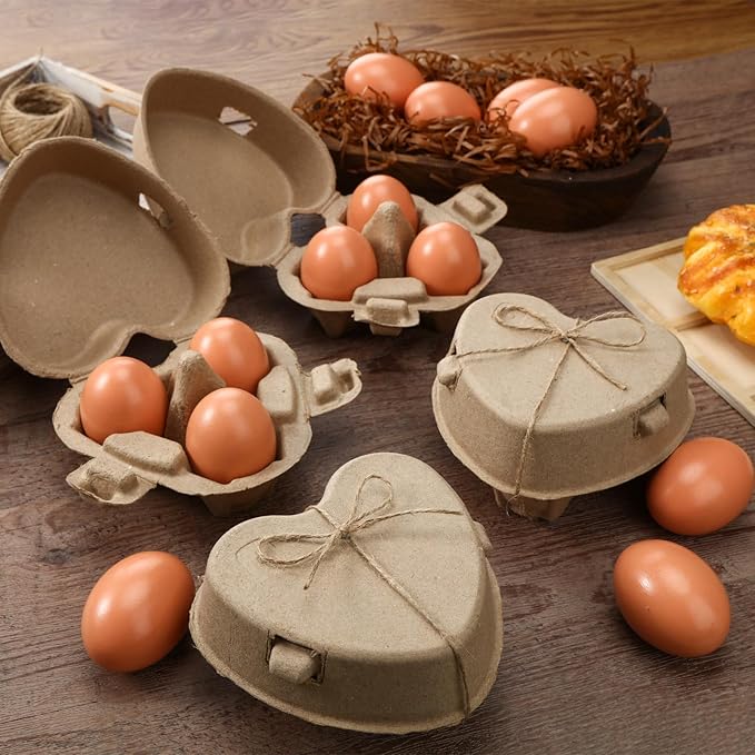 200 Pcs Easter Heart Shaped Eggs Cartons 3 Count Natural Paper Pulp Valentine Egg Cartons with Jute Rope Reusable Cardboard Storage Baskets Holder Tray for Kitchen Holiday Gifts Market Farm