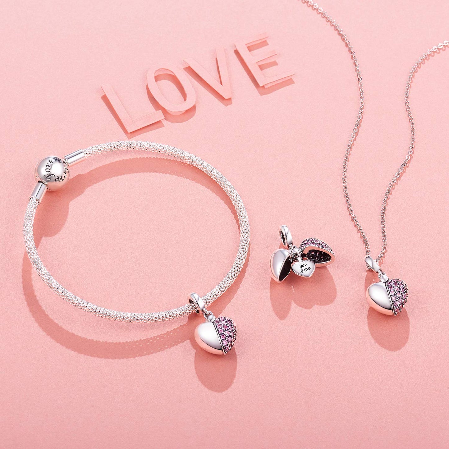 NINGAN You & Me    Pink Heart Pendant Love Charm 925 Sterling Silver Dangle Charms Compatible with Major European Bracelets & Ne