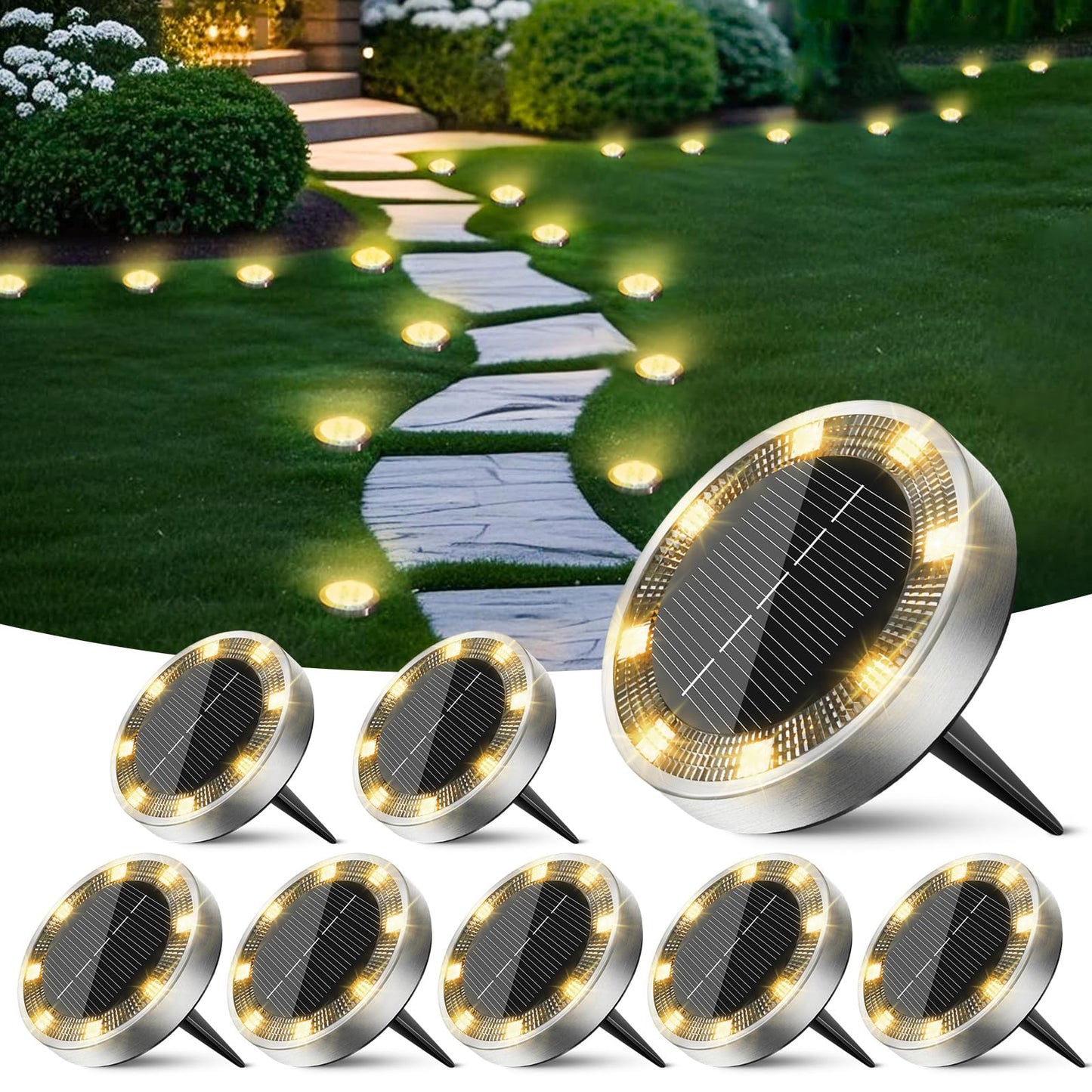 Peasur Solar Ground Lights - 8 Pack Flat Disc Lights, IP68 Waterproof, Anti-Rust, Warm White, Landscape Lighting for Pathway and Garden