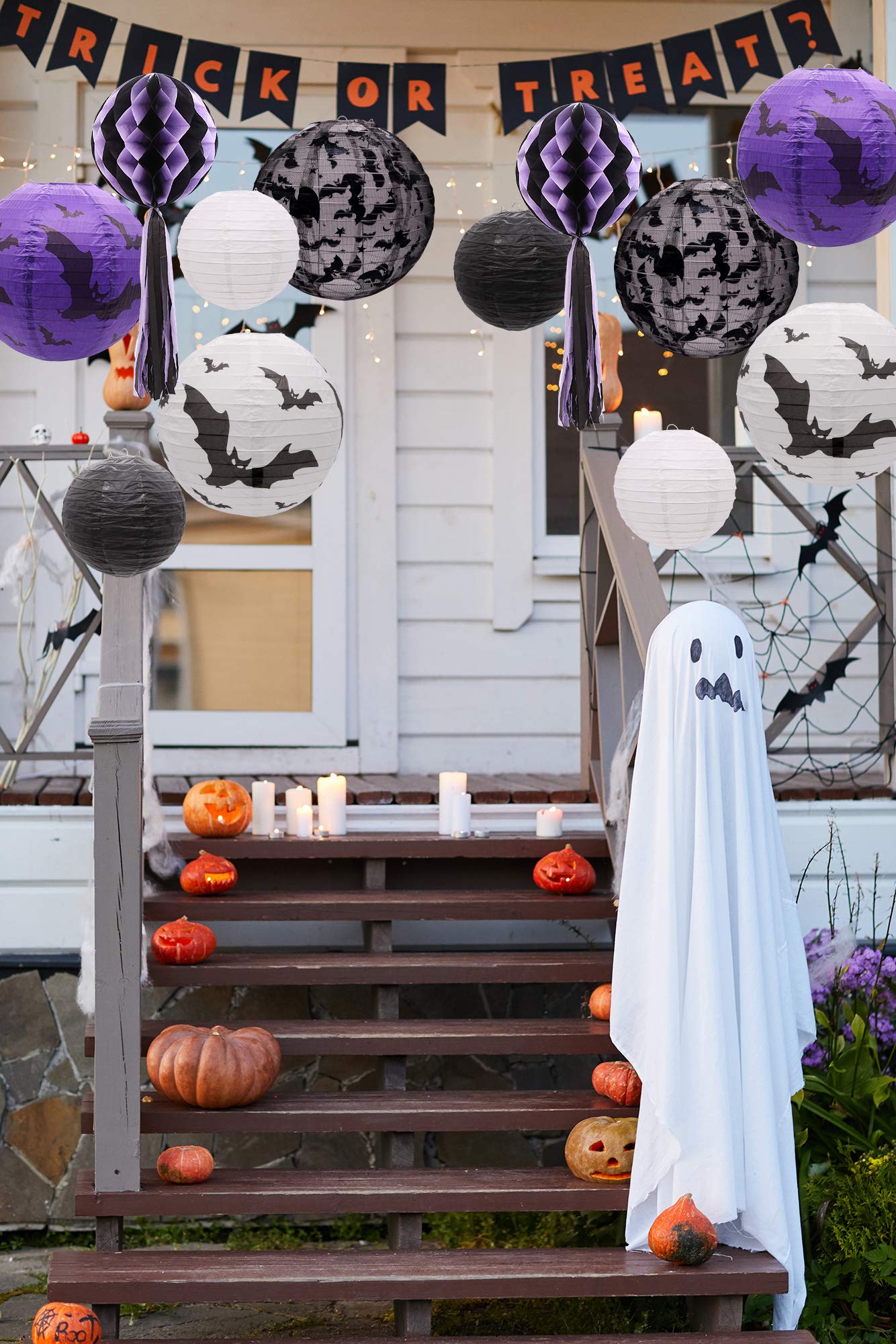 Uniqooo 12Pcs Spooky Halloween Decor Black White Purple Hanging Paper Lanterns Set With Decorative Bats & Honeycomb Pom Pom Tassels For Indoor/Outdoor Holiday Home Garden Decor Party  12 In & 8 In