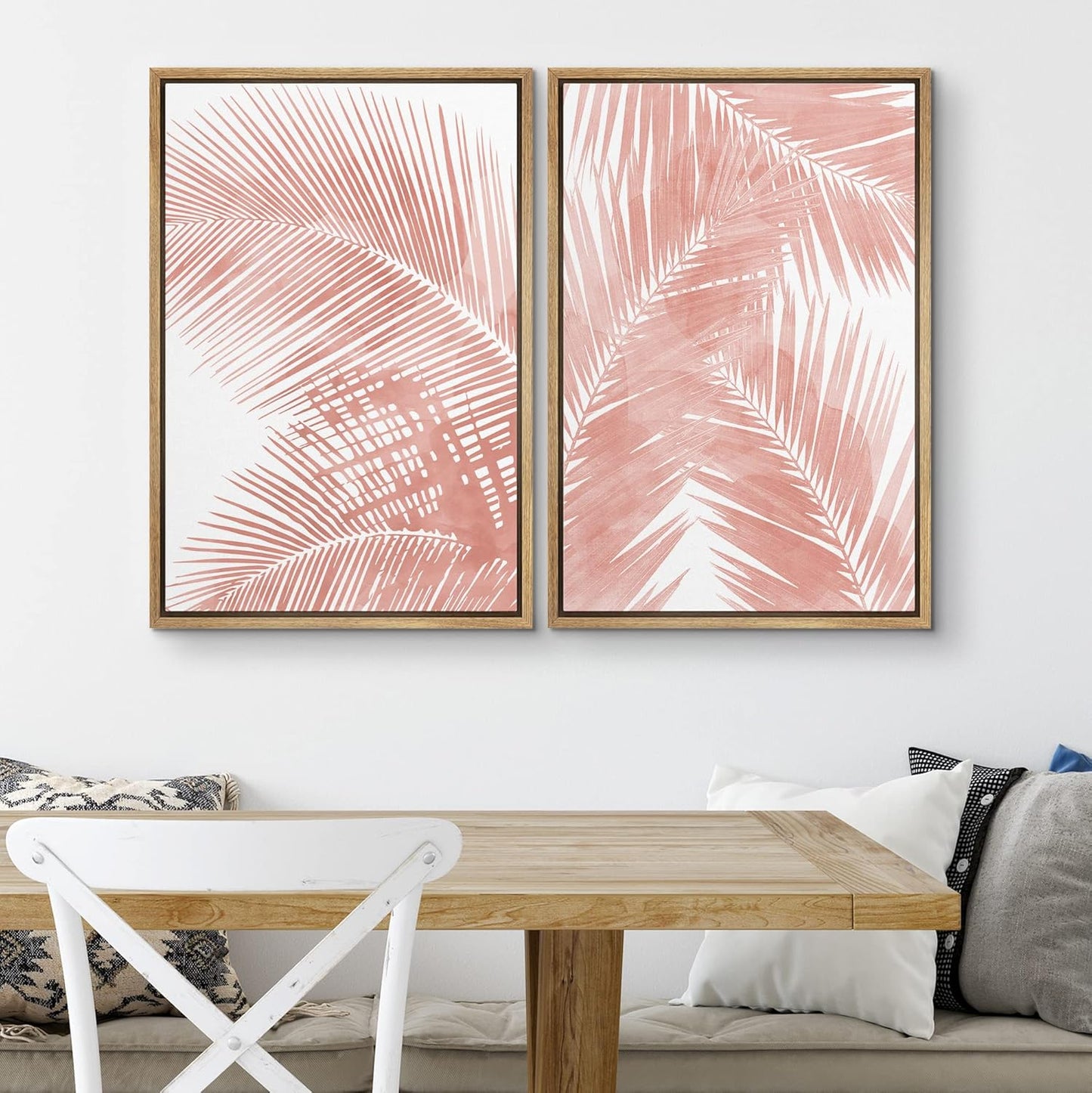 SIGNWIN Framed Canvas Print Wall Art Set Tropical Red Pastel Palm Leaf Plants Nature Wilderness Illustrations Modern Art Decorative Rustic Chic for Living Room, Bedroom, Office - 24"x36"x2 Natural