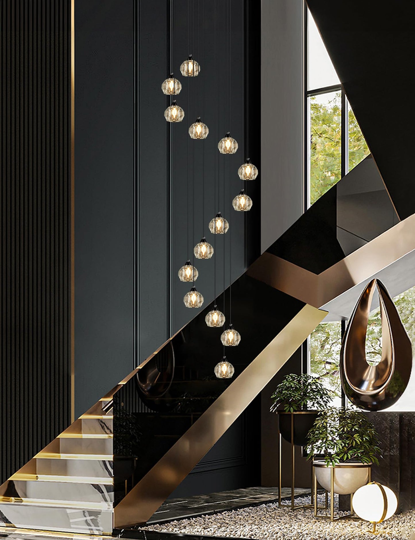 Weesalife 14-Light Crystal Chandelier, Black Brass Pendant Light Fixture for High Ceilings, Living Room, Kitchen, Foyer, Model 8817-12C BR