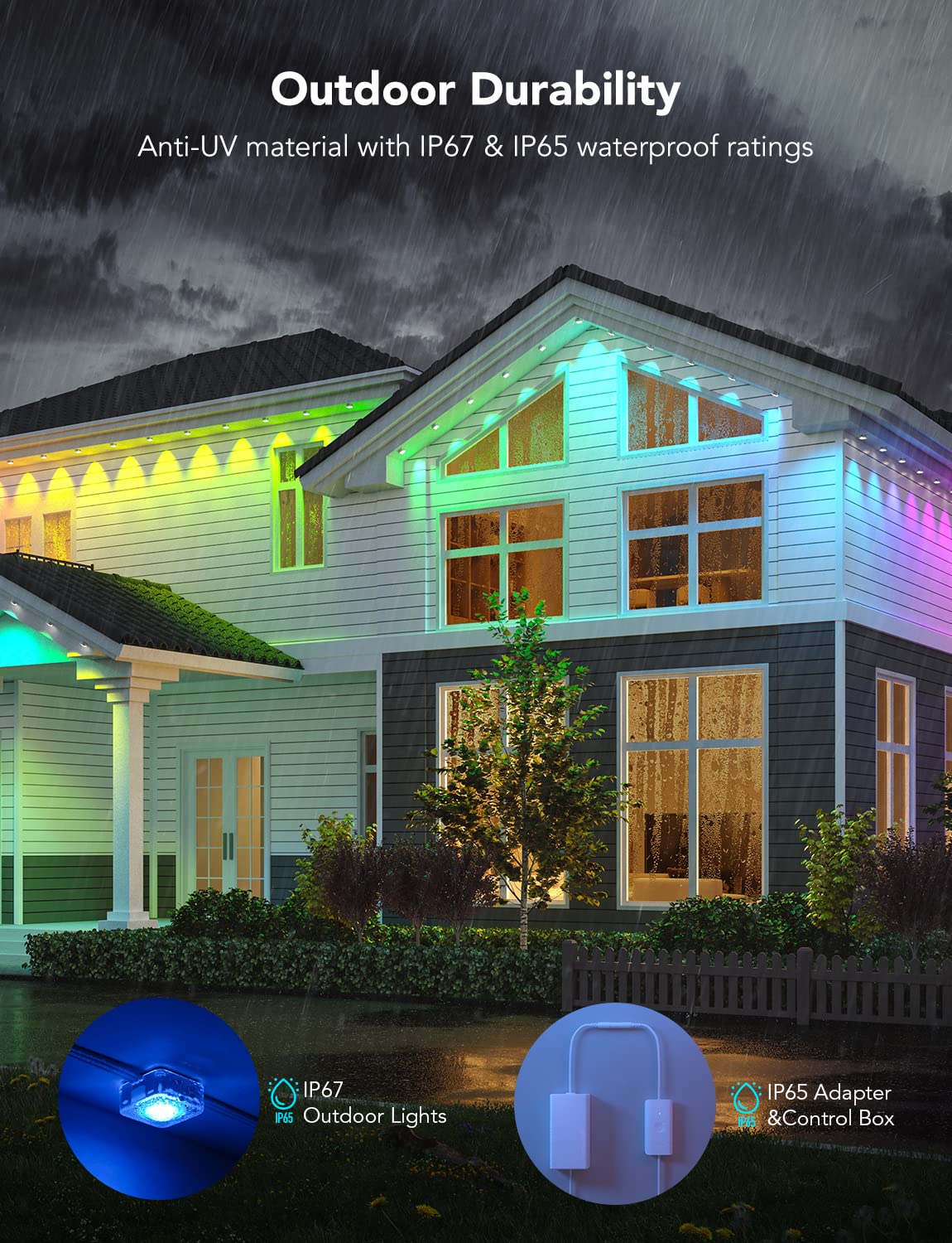 Govee Outdoor Smart Rgbic Lights, 150Ft White Led, Ip67 Waterproof, 75 Scene Modes, Model H705C