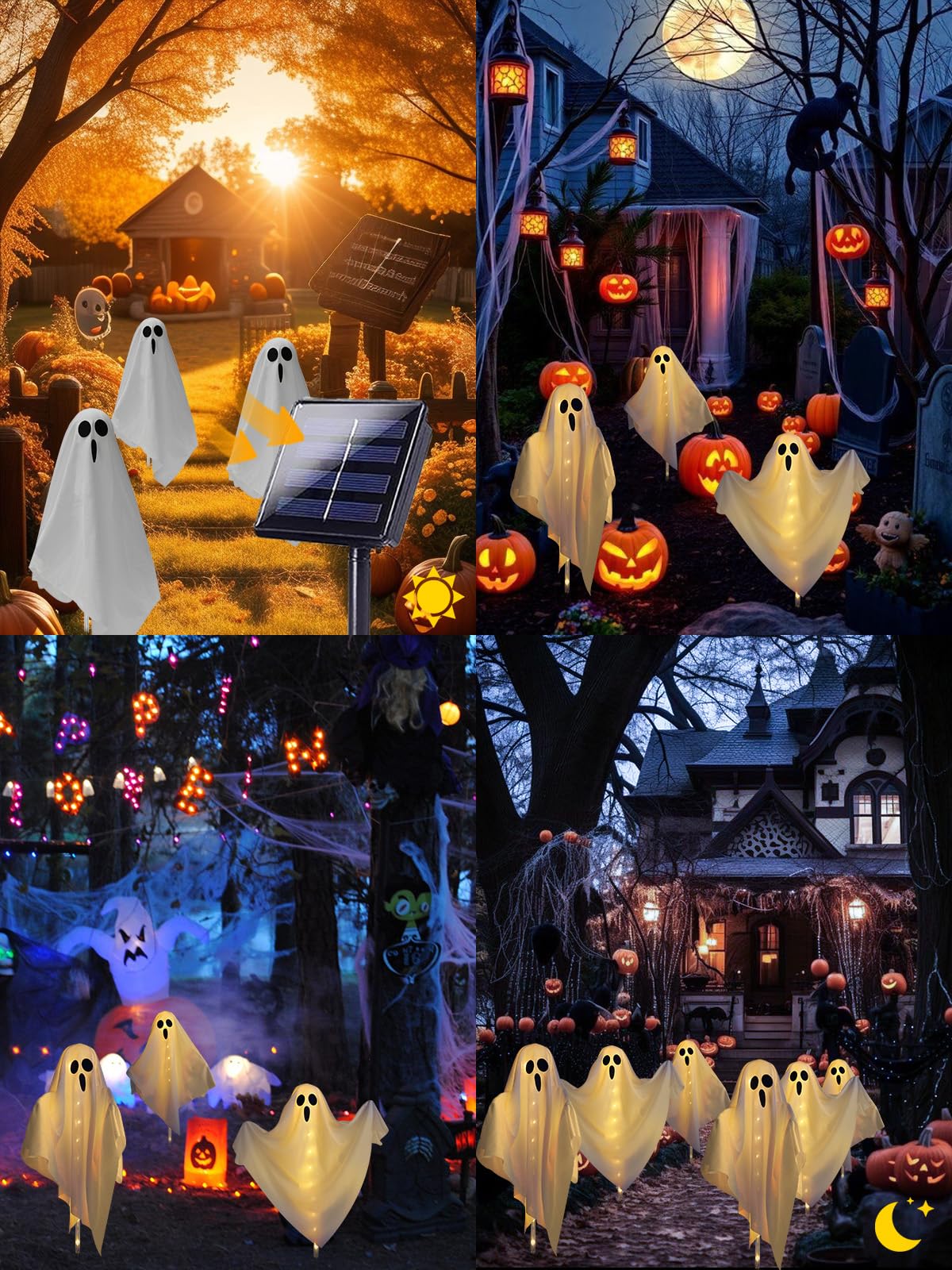 Albelt 3-Pack Ghost Solar Powered Halloween Decorations, Warm White, 8 Modes, Waterproof, Model SSLGW