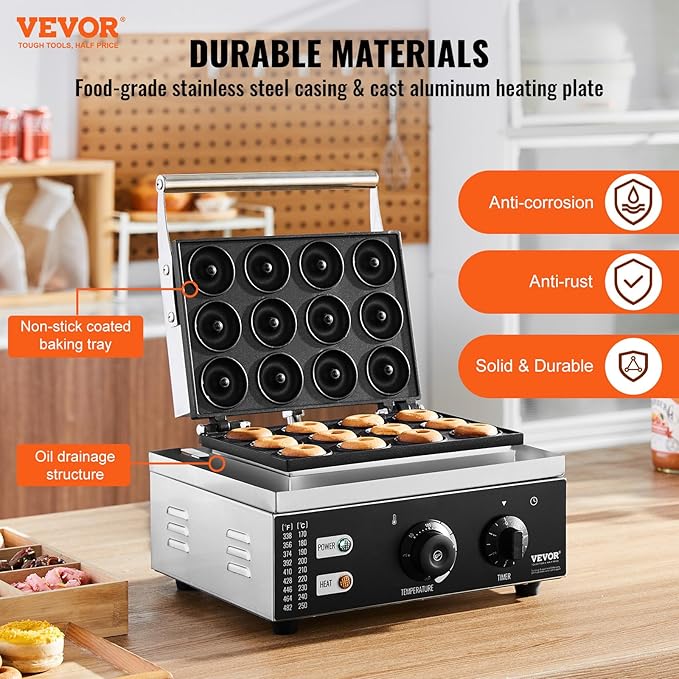 VEVOR Electric Donut Maker, 1550W Commercial Doughnut Machine with Non-stick Surface, 12 Hole Double-Sided Heating Waffle Machine Makes 12 Doughnuts, Temperature 122-572℉, for Restaurant & Home Use