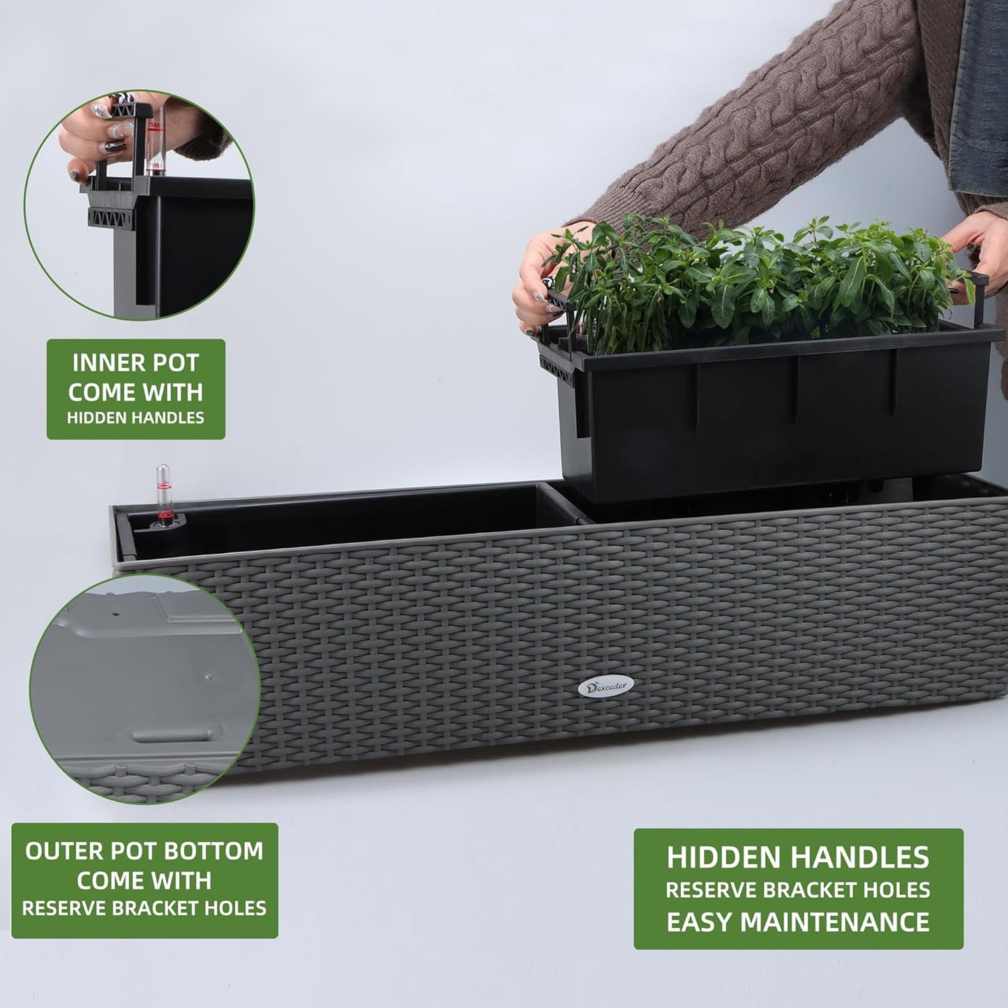 Dexceder 31.5 Inch Rattan Self Watering Planter Indoor Outdoor, Thickened Large Rail Flower Plant Pot Window Box with Water Level Indicators & Bracket (Deep Gray)