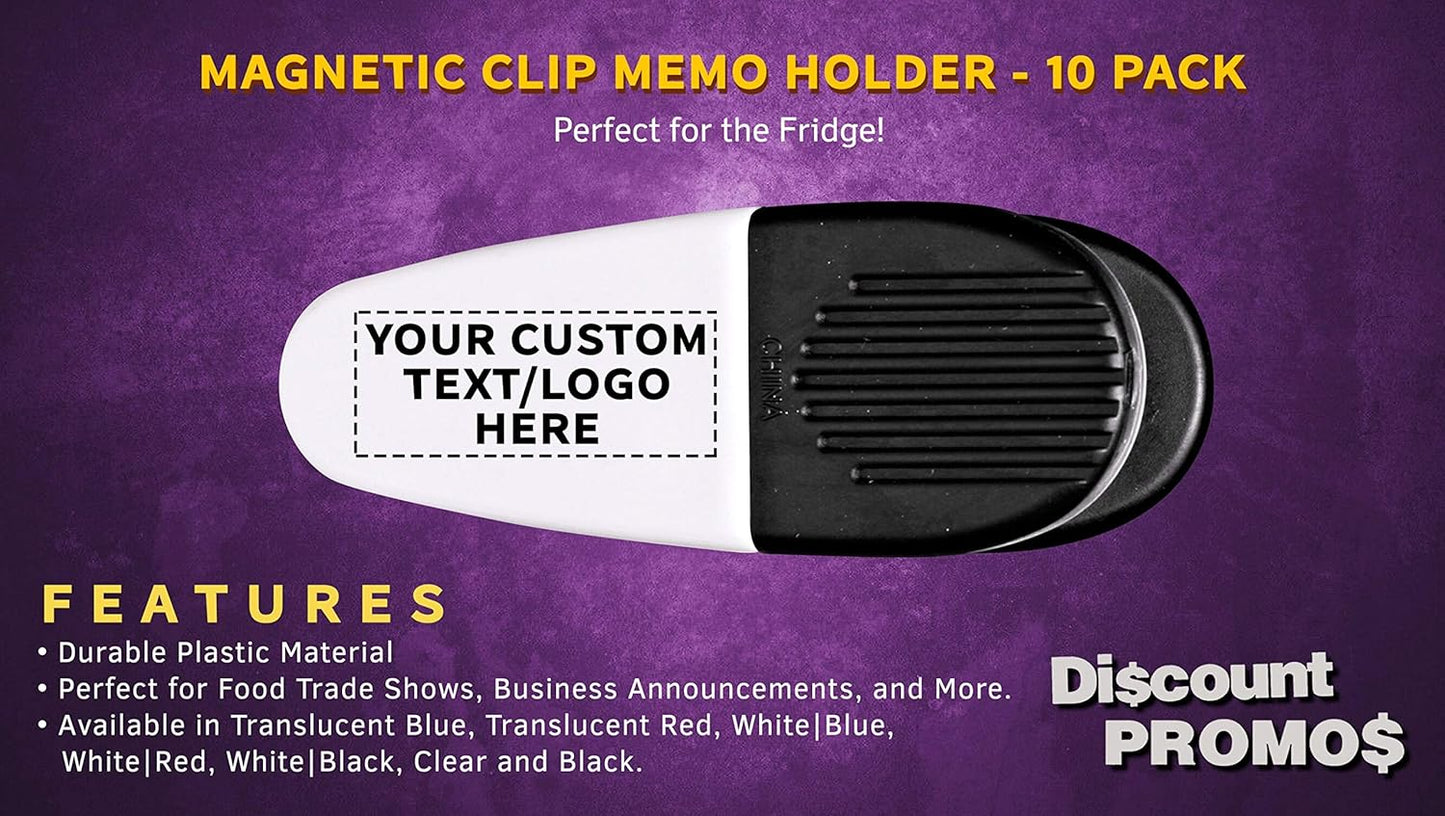 10 Magnetic Memo Holders Set - Customizable Text, Logo - Large Clip, Plastic - White Black