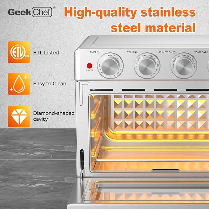 Geek Chef Air Fryer Oven 26 QT, Big Air Fryer, Toast Oven with Bake, Roast, Pizza, Convection Oven, Easy to Use & Clean, 6 Slice Toast, Stainless Steel