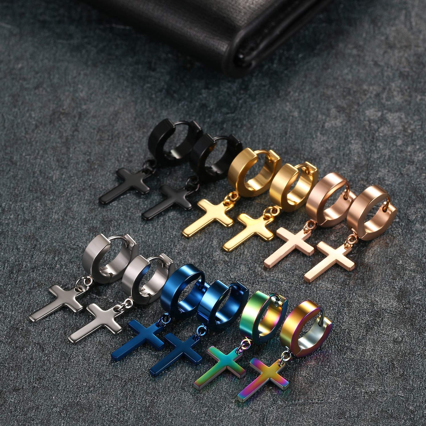 Cupimatch 3-6 Pairs Stainless Steel Cross Dangle Huggie Hinged Hoop Earrings for Men Women (6 Pairs Single Cross) for Mothers Da