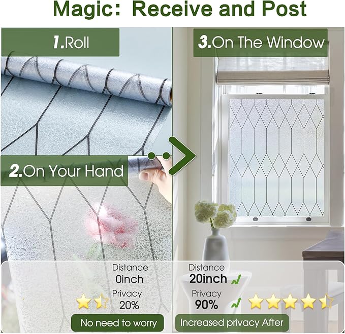 Windimiley Window Privacy Film Stained Glass Static Clings, Bathroom Frosted Leaded Decorative Window Stickers, UV Heat Blocking Opaque Removable for Home Door Coverings (35.4 x 157.5in,Pure)