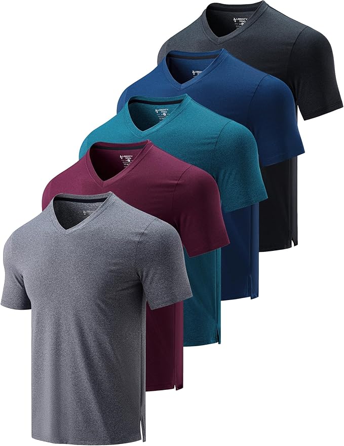 5 Pack Mens V-Neck Dry Fit T-Shirts, Active Athletic Short Sleeve Workout Tops, Performance Gym Tees (Available in Plus Size)
