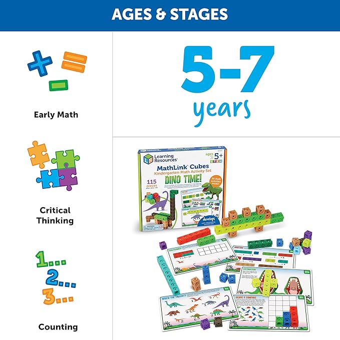 Learning Resources MathLink Cubes Kindergarten Math Activity Set: Dino Time! 115 Pieces, Ages 5+ Kindergarten STEM Activities, Math Games for Kids, Mathlink Cubes Activity Set, Ages 5+