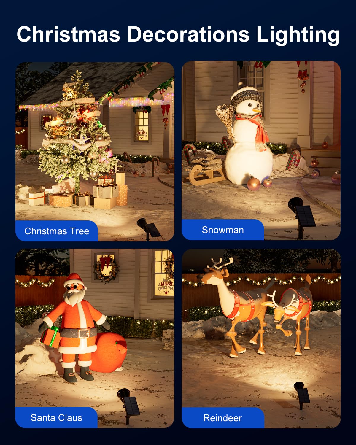4 Pack Solar Powered Spotlights Waterproof Outdoor for Christmas Decorations, Tree, Santa Claus, Snowman, Christmas Ambient Outdside Spot Landscape Lights for Wall, Garden, Yard, Sidewalk, Warm White
