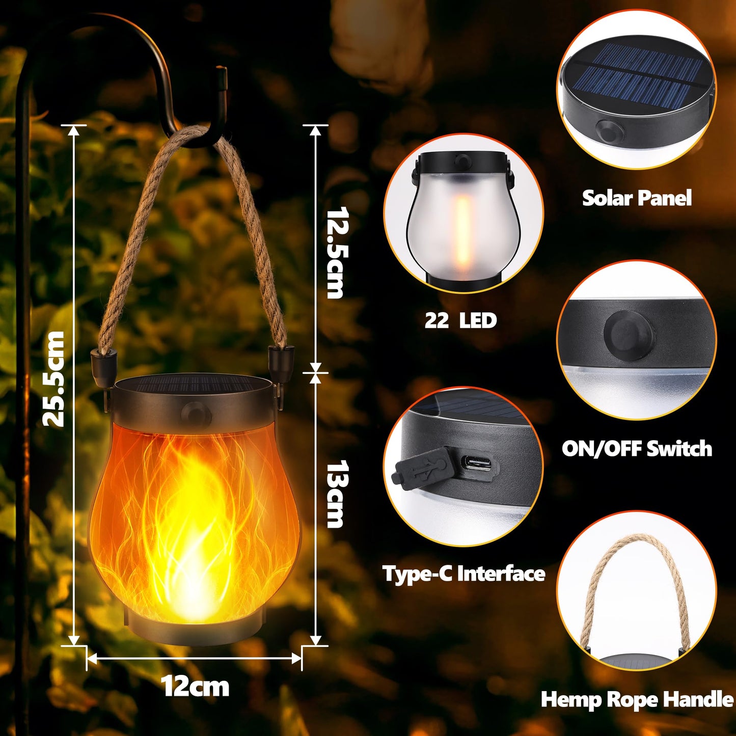 Ibaycon 2 Pack Solar Lanterns Lights  Halloween Flickering Flame Garden Lights With 2 Modes Dual Charging Usb & Solar  Outdoor Waterproof Hanging Lantern For Party Holiday Halloween Decor (Warm White)