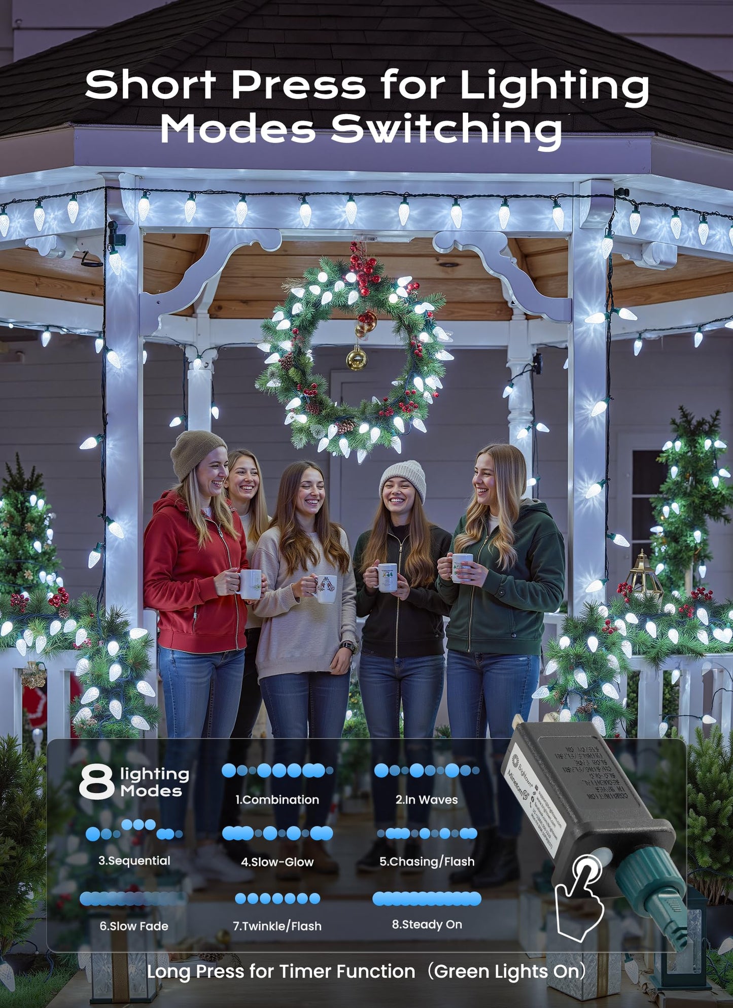 C9 Christmas Lights Outdoor  66 Ft 100 Led Connectable C9 String Lights With 8 Modes And Timer Extendable Xmas Tree Patio Roofline Garden Yard Holiday Party Indoor Outdoor Decoration  White