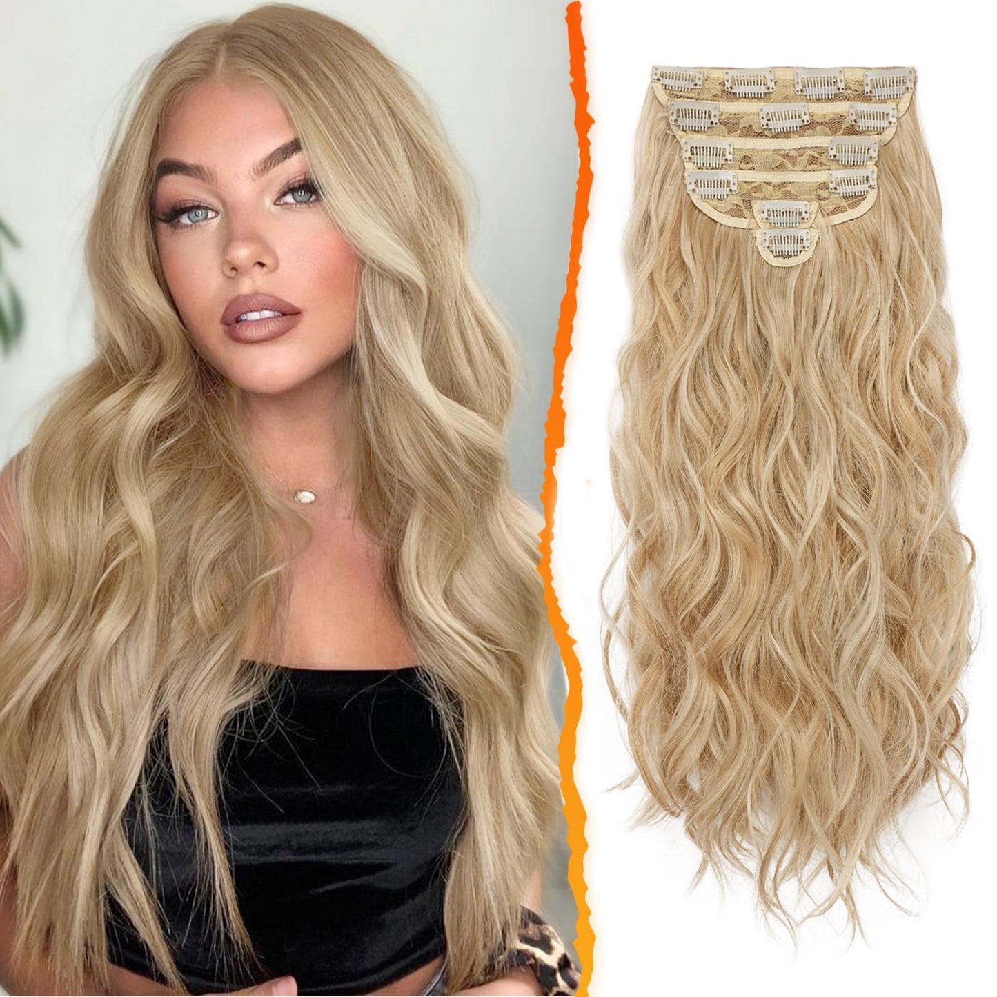 BARSDAR Honey Blonde Clip in Hair Extensions - 20 Inch 6PCs Full Head Beach Wavy Clip in Hair Extensions for Women - Voluminous