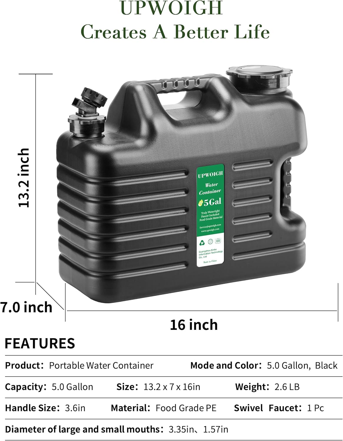 UPWOIGH 5 Gallon Water Jug Set of 2, Camping Water Container, Truly No Leakage Water Storage, Large Military Black Water Tank,BPA Free Portable Emergency Overlanding Gear for Outdoors Hiking