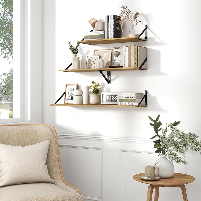 Fun Memories Deep Floating Shelves for Wall, 36W x 8D Wall Mounted Shelves Set of 2, Wide Display Ledge Shelf with Sturdy Metal Brackets for Living Room, Bathroom, Bedroom and Kitchen, Oak