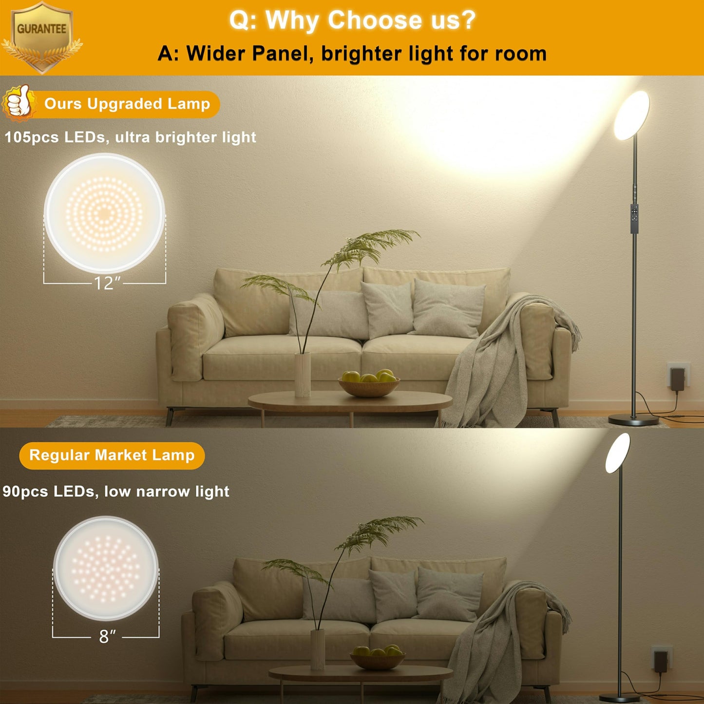 Yikuneng LED Floor Lamp - 2400LM Dimmable Torchiere with Remote & Touch Control, Black, 24W