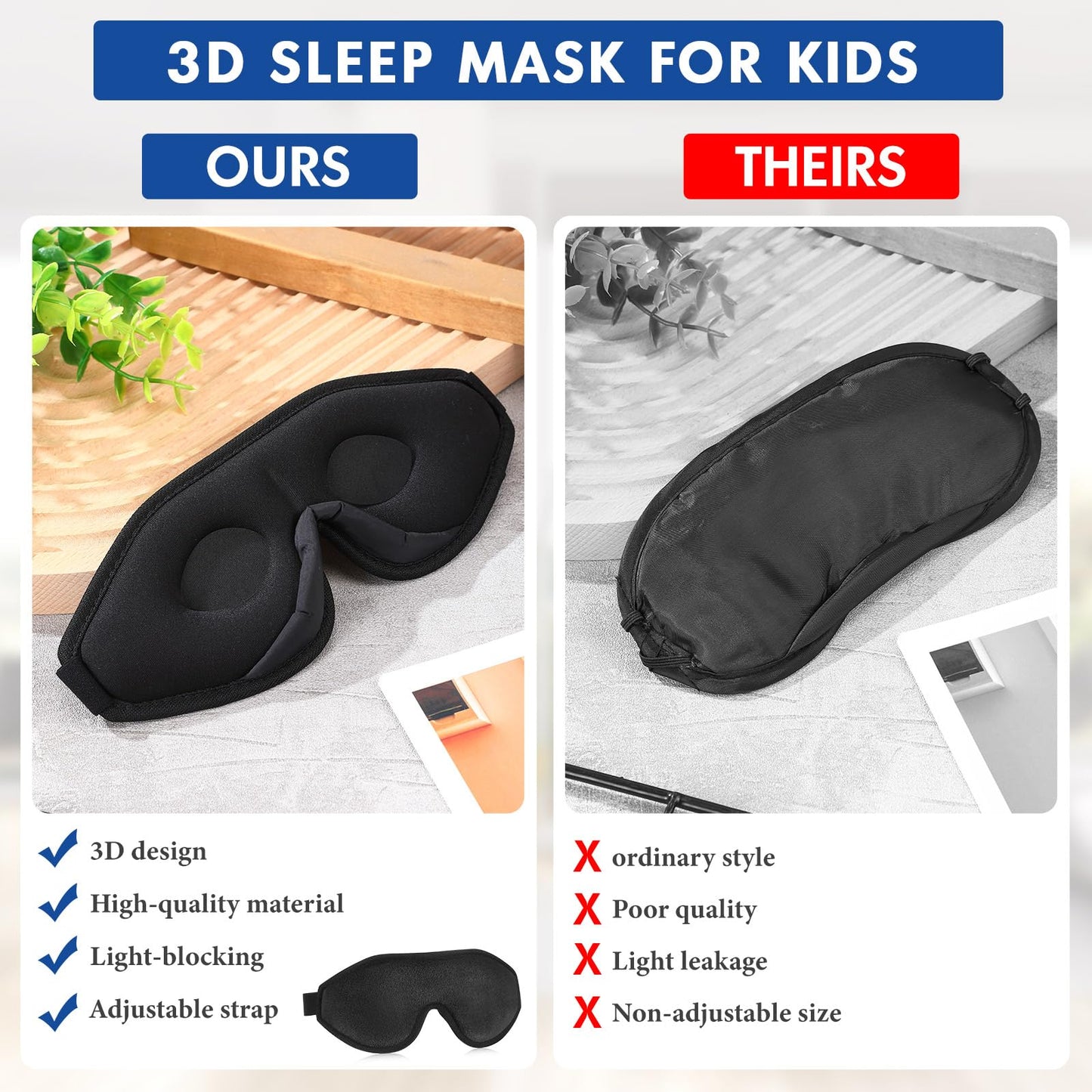 Coume Sleep Mask for Kids 3D Sleeping Blindfold Memory Foam Contoured Eye Mask with Blocking Light with Adjustable Strap(Black)