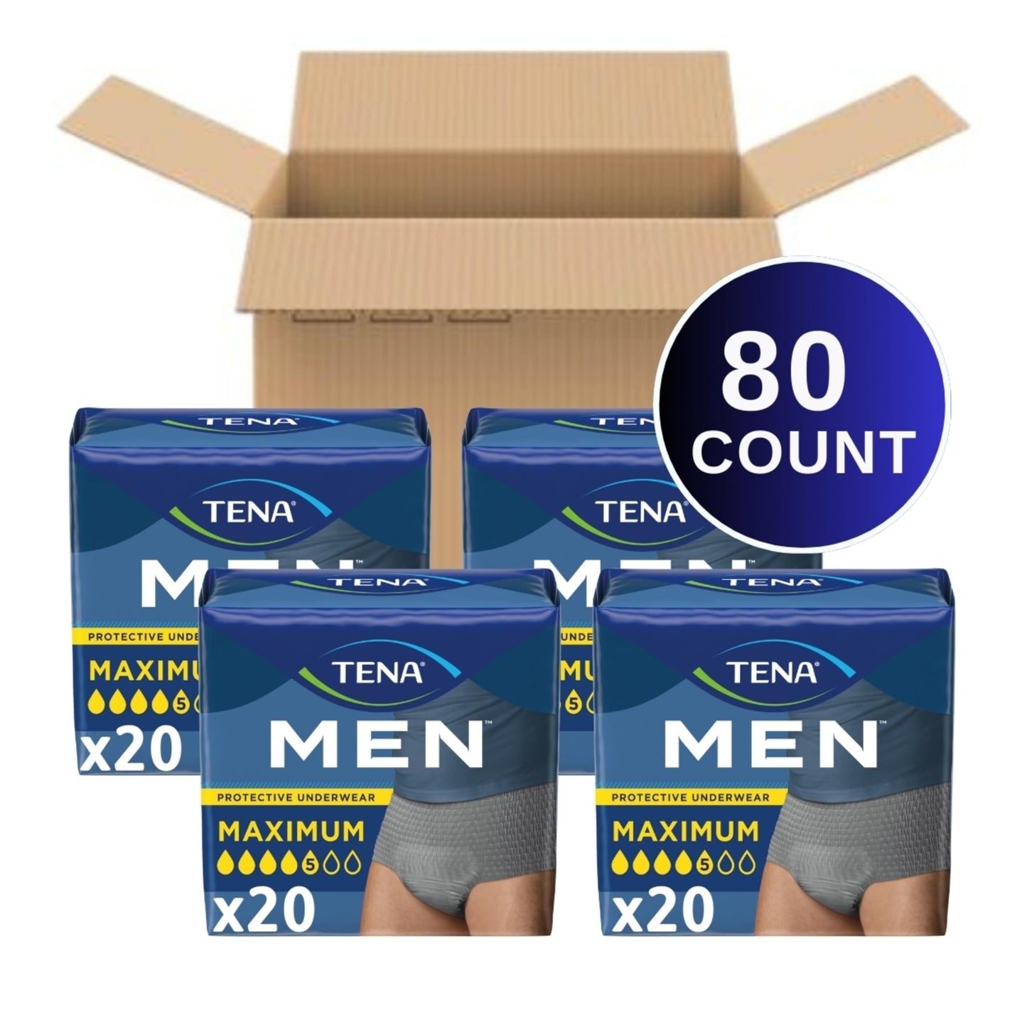 Tena Protective Incontinence Underwear for Men, Maximum, Large, Grey, 80 Count (Waist Size 34in-44in)