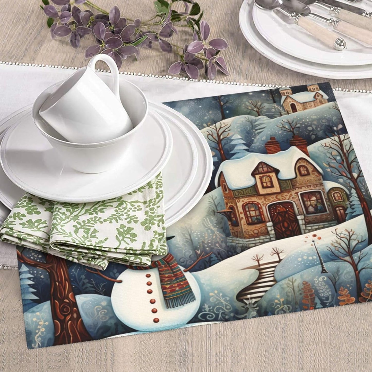 Dish Drying Mat Snowman Forest Winter House for Kitchen Counter Absorbent 16x18 Inch Microfiber Dishes Plate Glass Dry Draining Pad Reversible Washable