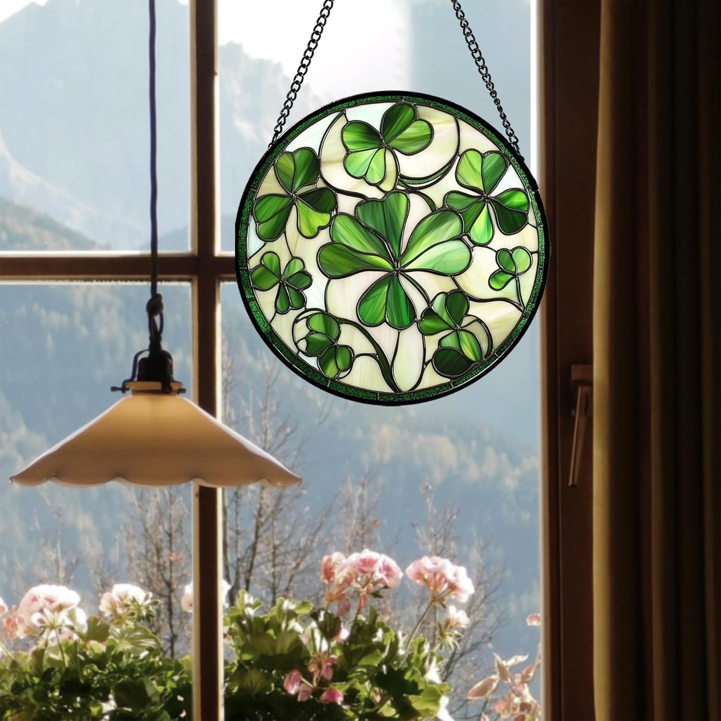 Stained Glass Window Hanging - Green Clover Flowers Suncatcher for Doors Garden St. Patrick's Day Plant Floral Sun Catchers Decor Mother's Day Birthday Gifts for Women Men Mom Nana 7.8 in