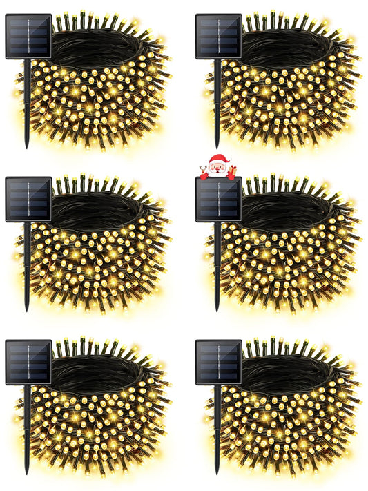6 Pack Christmas Solar String Lights Outdoor Waterproof  198Ft 600 Led Green Wire Solar Fairy Lights With 8 Modes  Solar Twinkle Lights For Garden Tree Patio Fence Christmas Decorations (Warm White)
