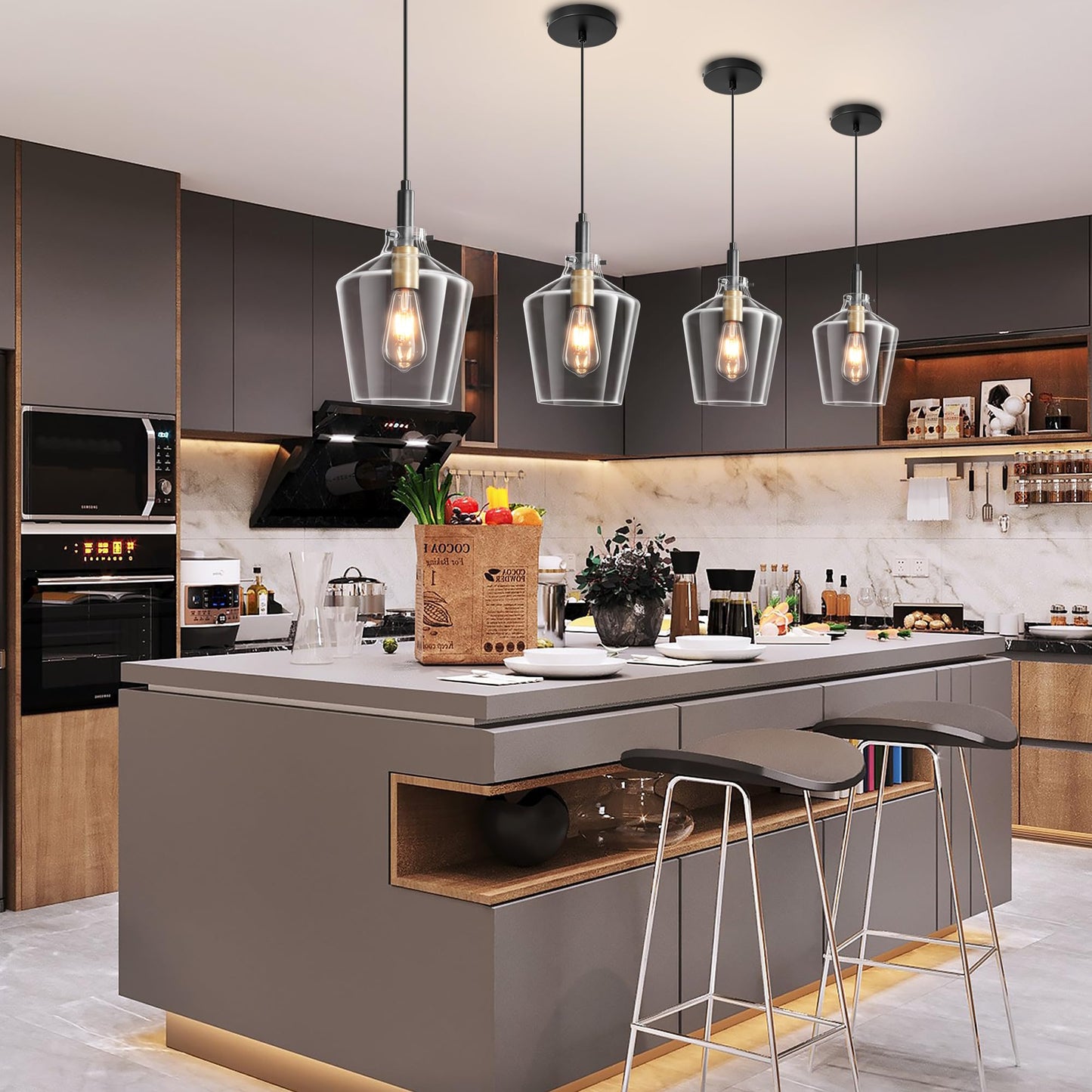 Vaziden Modern Glass Pendant Lighting For Kitchen Island 2 Pack  Farmhouse Black And Gold Pendant Light Fixtures  Adjustable Hanging Ceiling Light  Angled Clear Glass Shades 8 Inch