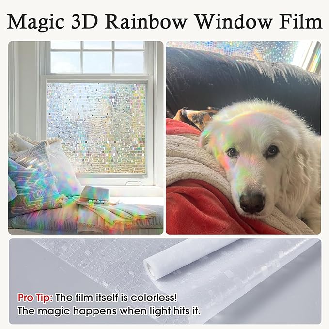 Windimiley Rainbow Window Privacy Film, 3D Stained Glass Christmas Decorative Window Clings, UV Heat Blocking Holographic Prism Stickers for Home(17.5 x 118.1In,Pure)
