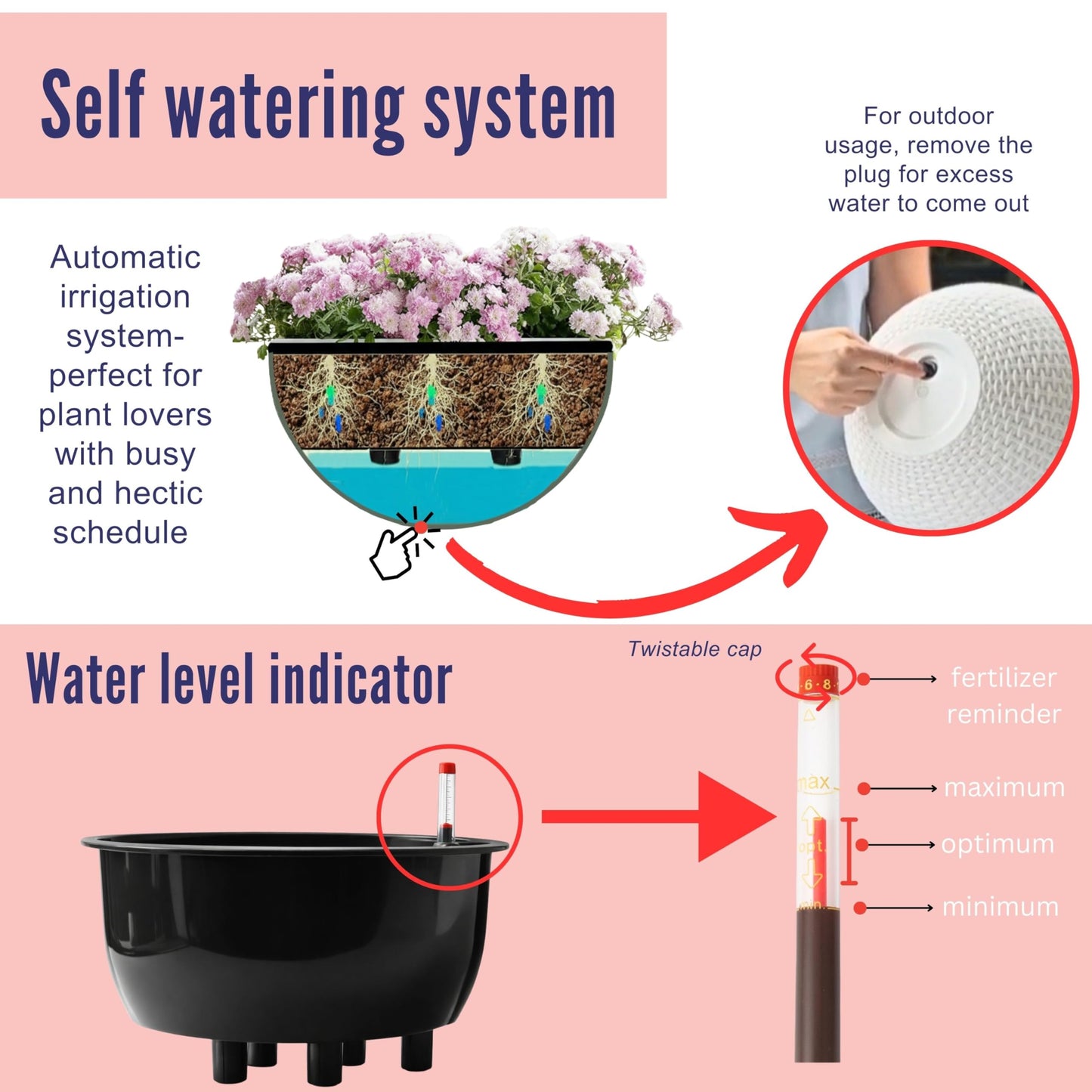LaLaGreen Indoor Hanging Planter (11 Inch, 1 Pack) Self-Watering Round Basket with Water Level Indicator, Rattan Style Flower Pot Black Metal Chain for Deck Porch Patio Garden Balcony Outdoor Decor