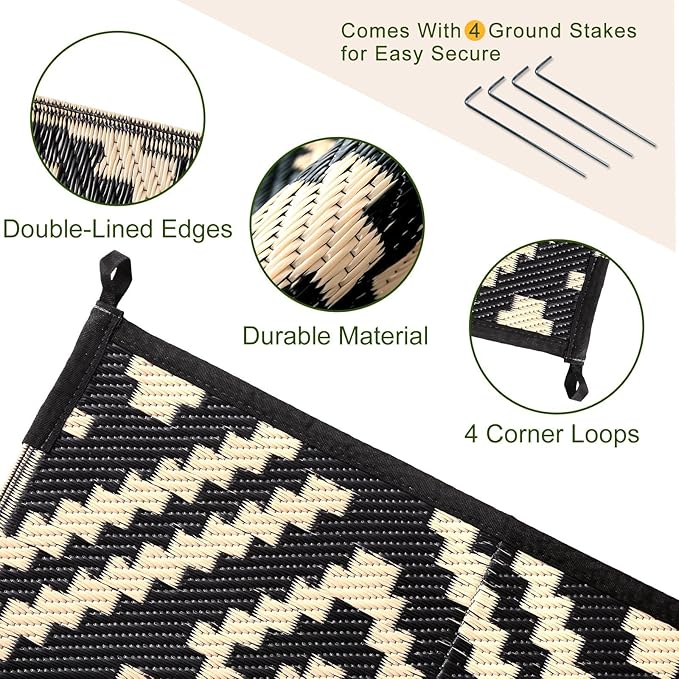 OPPODREAM Outdoor Rug 9x12 Patio Waterproof, Large Outdoor Plastic Straw Rug, Reversible Out Door Carpet Camping Essentials, Deck, Rv, 9 x 12 Area Carpet for Balcony, Porch, Backyard, Black & Beige