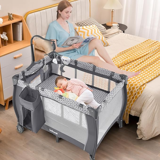 INFANS 3 in 1 Pack and Play, Portable Travel Baby Crib Bassinet with Detachable Mattress, Newborn Changing Table, Foldable Playpen with Carry Bag and 2 Wheels (Classic)