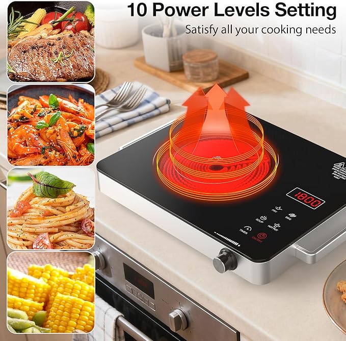 WABK 1800W Single Portable Electric Cooktop, 110V Hot Plate Countertop Burner with LCD Sensor Touch, 10 Temperature Setting, LED Display, Kids Safety Lock, Auto Shut off Function for Home Camping