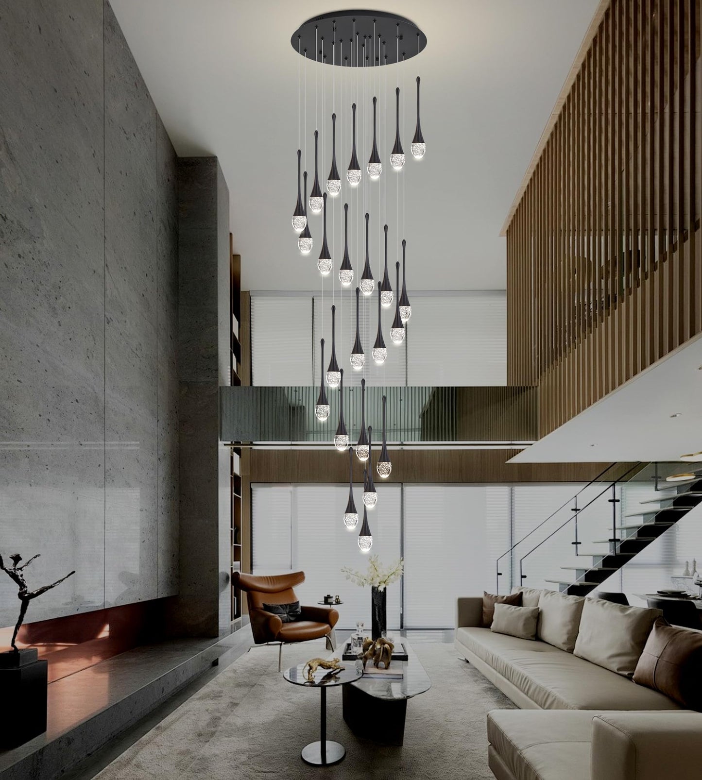 Upfelw Modern Crystal Staircase Chandelier Polished Black 24-Lights  H138 Large High Ceiling Spiral Dimmable Led Raindrop Foyer Entryway Light Fixture Remote Control