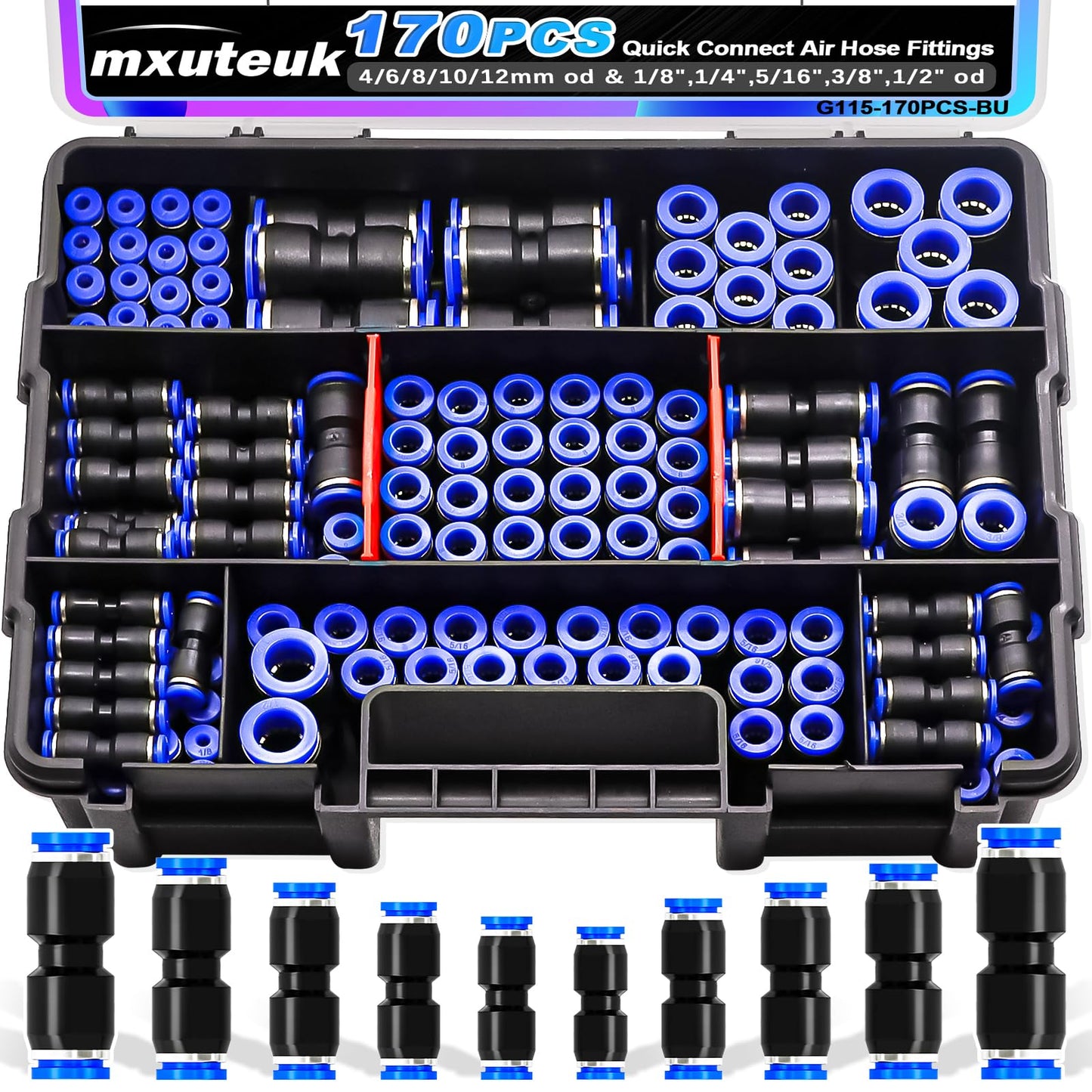 mxuteuk 170PCS Quick Connect Air Hose Fittings,1/8 1/4 5/16 3/8 1/2 inch & 4/6/8/10/12mm Straight Push to Connect Fittings,Quick Release Pneumatic Air Line Fitting