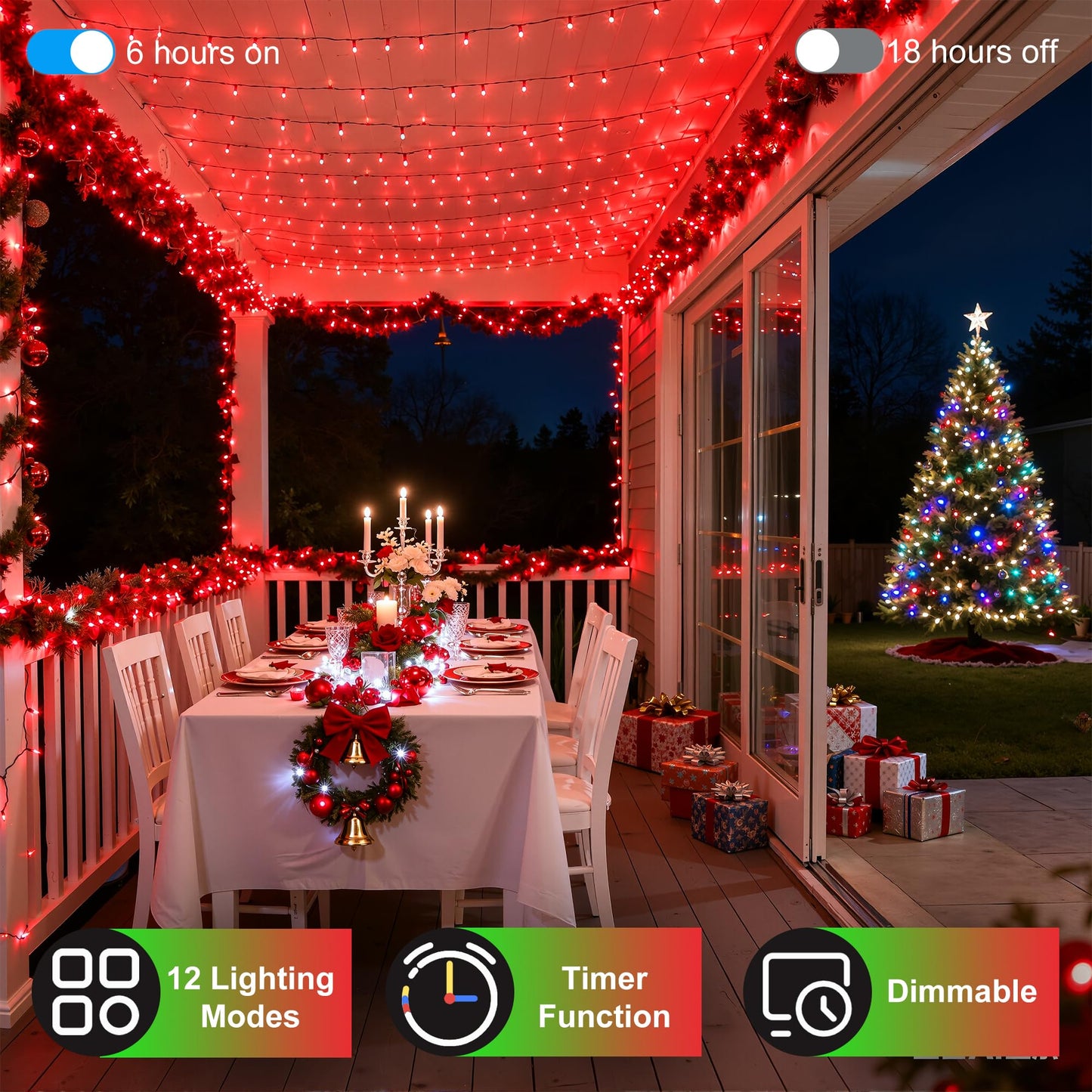 350Led Christmas Lights Indoor Outdoor  90Ft 12 Modes Red Led String Lights With Timer Dimmable  Waterproof Christmas Tree Lights For Xmas Patio Bedroom Yard Fence Balcony Garden Party Decor Red