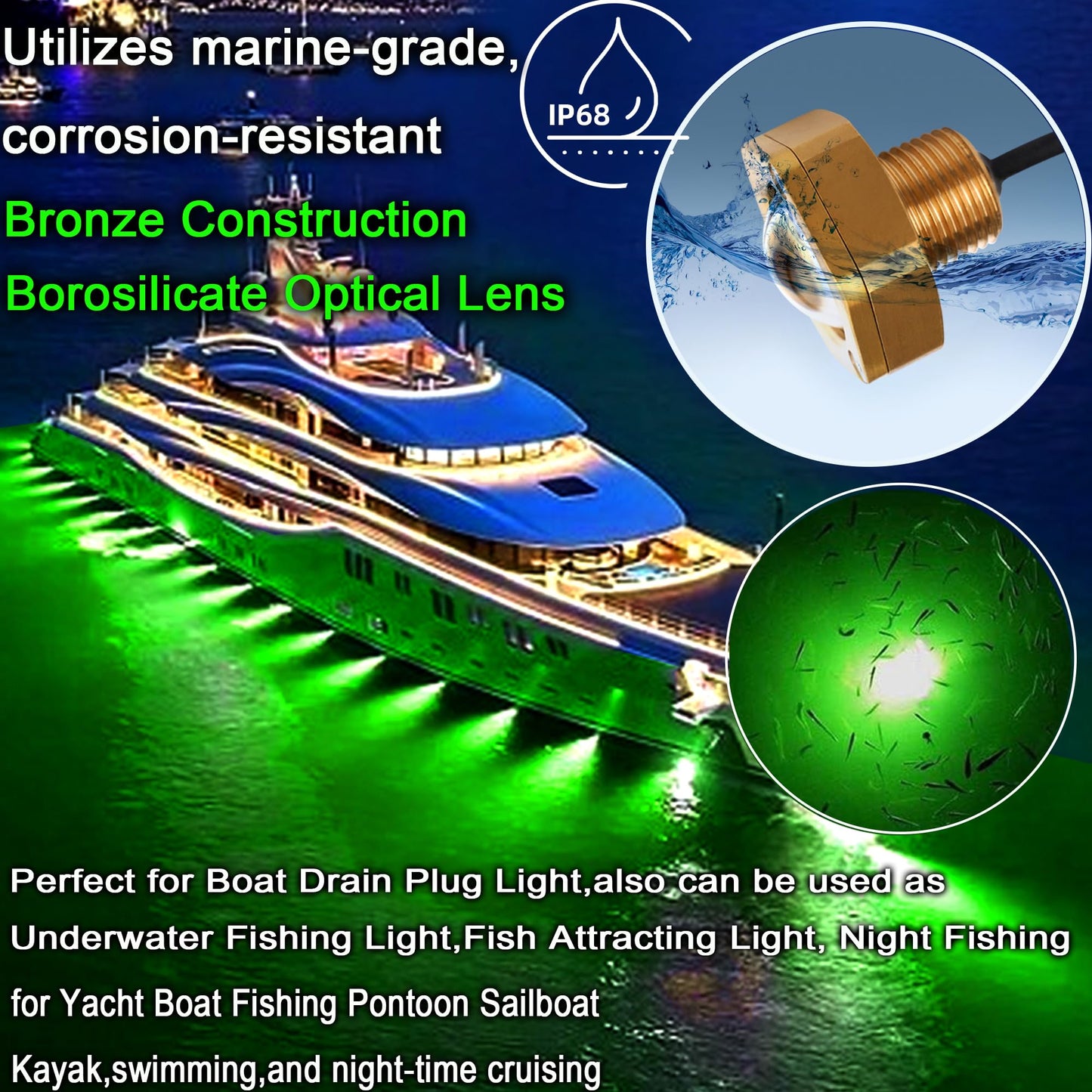 NBWDY Boat Drain Plug Light, RGBW IP68 Underwater Lights, 1/2in NPT, Bronze, APP Remote Control, Smart Cooling System