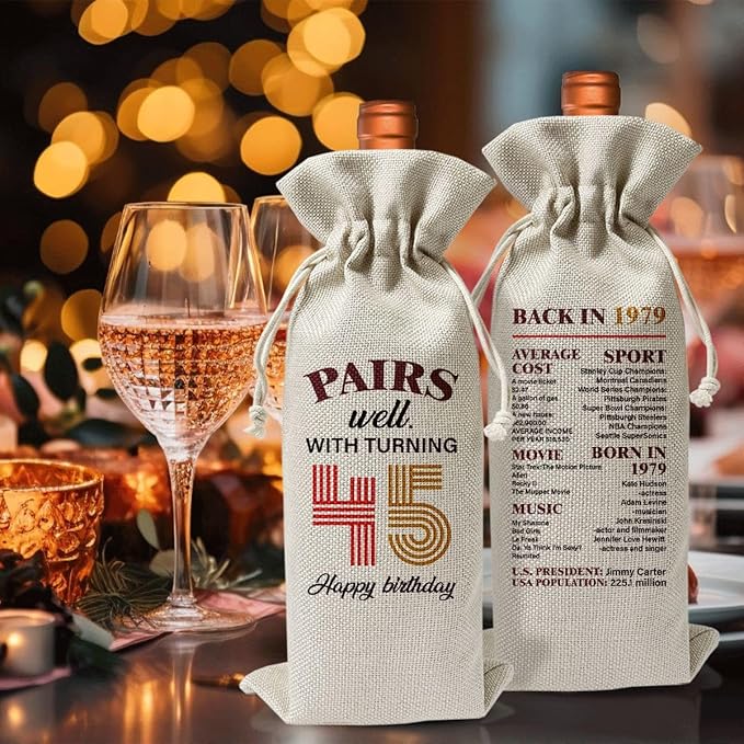 45th Birthday Wine Gift Bag For Wife Sister Friend Mom Dad Women Men Her Him, 1979 Birthday Gift, 45th Anniversary Wine Bag, 45th Birthday Party Decoration, Pairs Well With Turning 40th